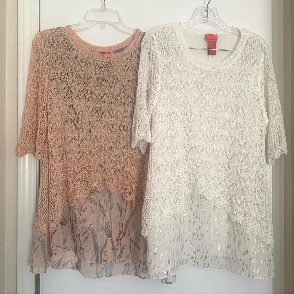 V Cristina Blouse Lot (2) Crochet Tunic Pastel Romantic Ethereal Overlay Sz M